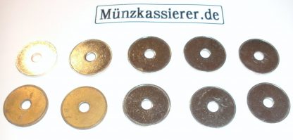 10 x Münzen Wertmarken Ø 26 x 2,3 Loch Ø 6mm. Münzkassierer